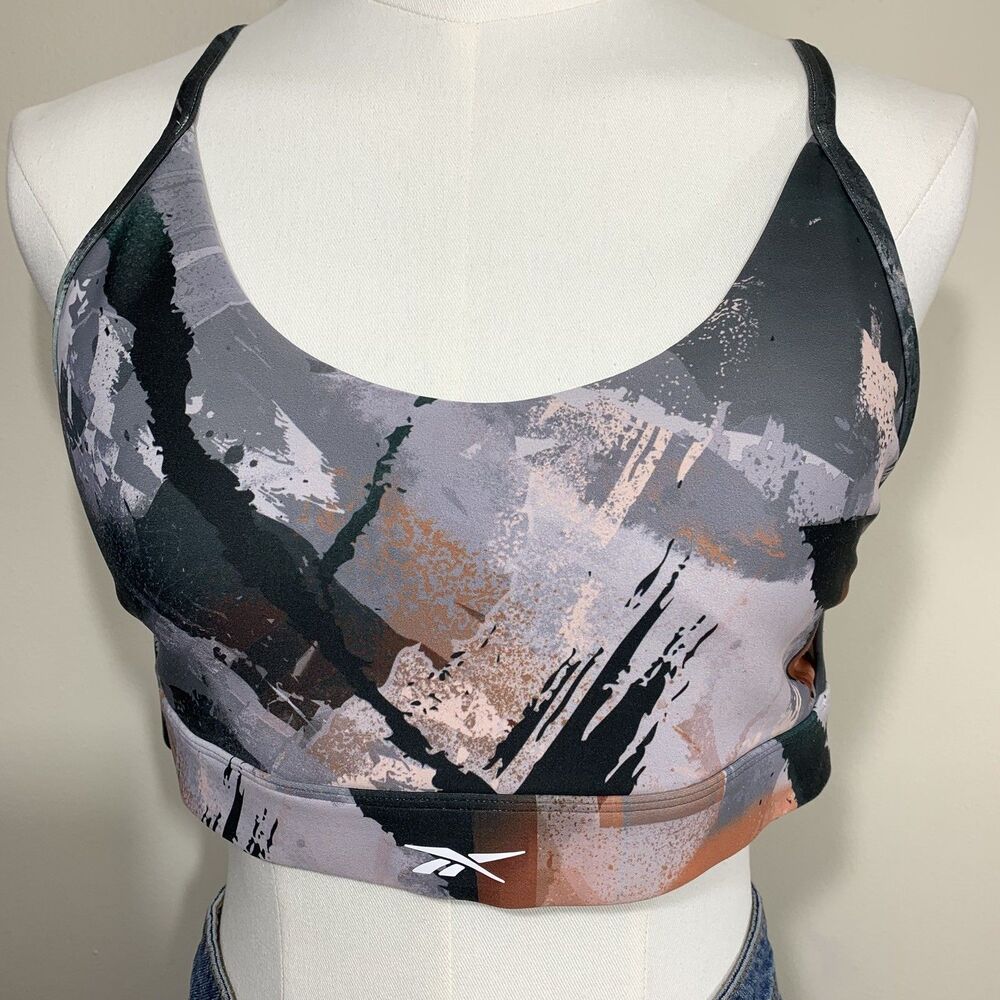 Reebok Sports Bra Womens S Grey Black Abstract‎ Brushstroke Adjustable HS4769